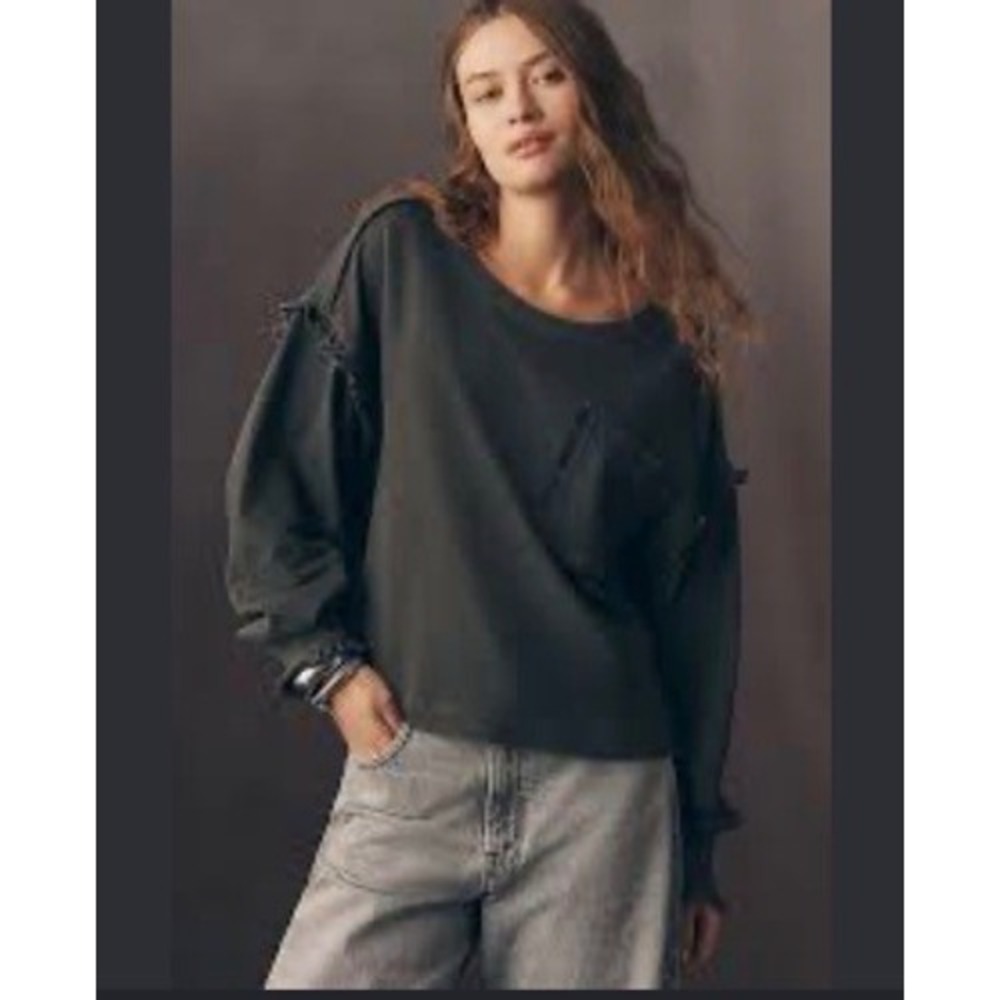 Pilcro Anthropologie Gray Ruffle Pocket Cotton Top XXS New